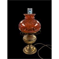 Brass oil lamp, converted to electric, with orange glass shade, H50cm