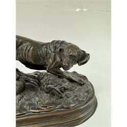 Bronzed figure after Paul-Edouard Delabrierre, modelled as a crouching Pointer with pheasant, inscribed E. Delabrierre to base, H16.5m