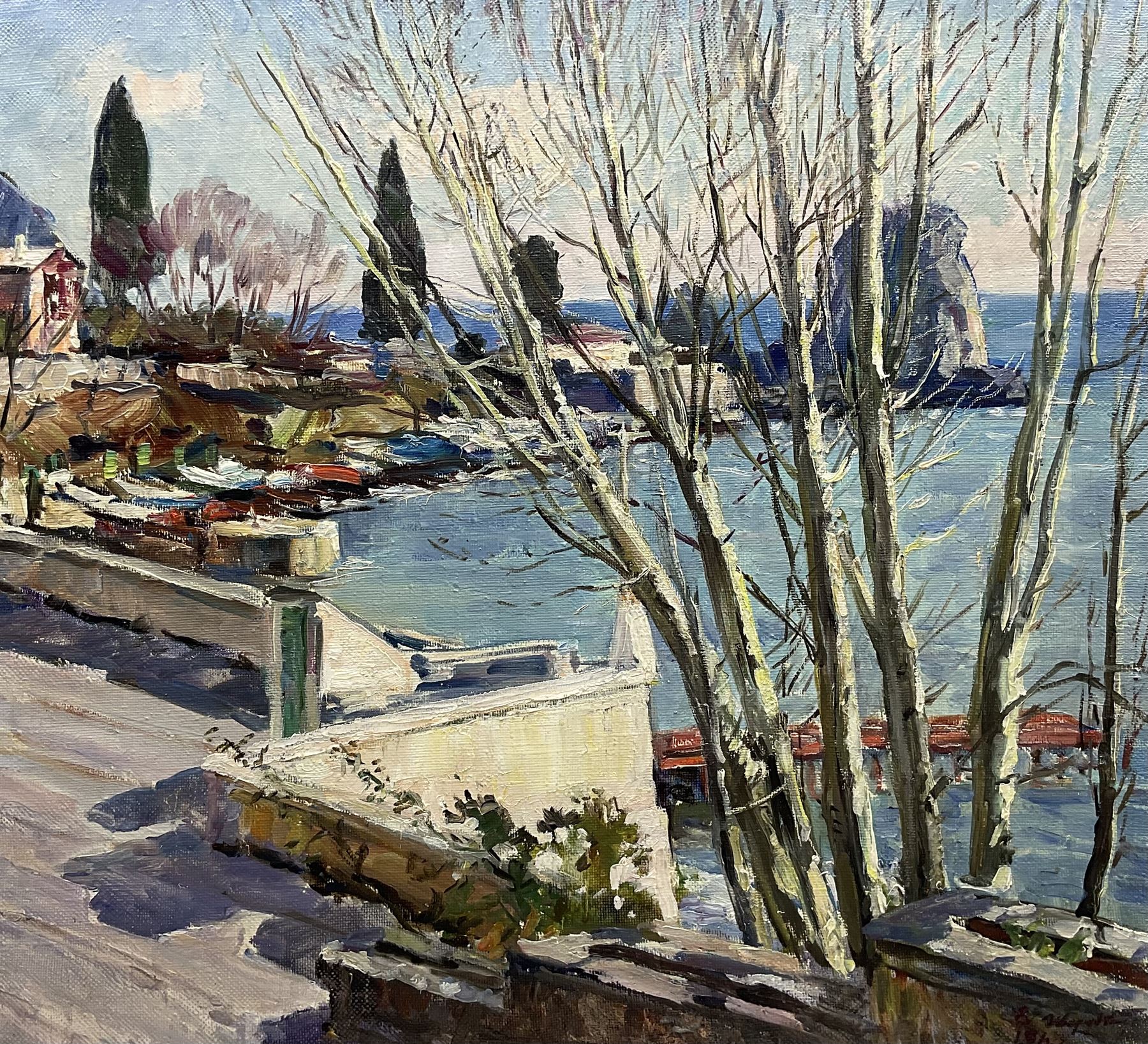 Evgeni Fedorovich Zherdzitski (Ukrainian 1928-): 'Spring, Crimea, Gurzut', oil on canvas signed and dated 1963, inscribed and labelled verso 58cm x 64cm 