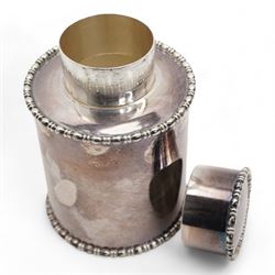 Silver cylindrical tea caddy with moulded edge H11cm Sheffield 1927 Maker Atkin Bros.