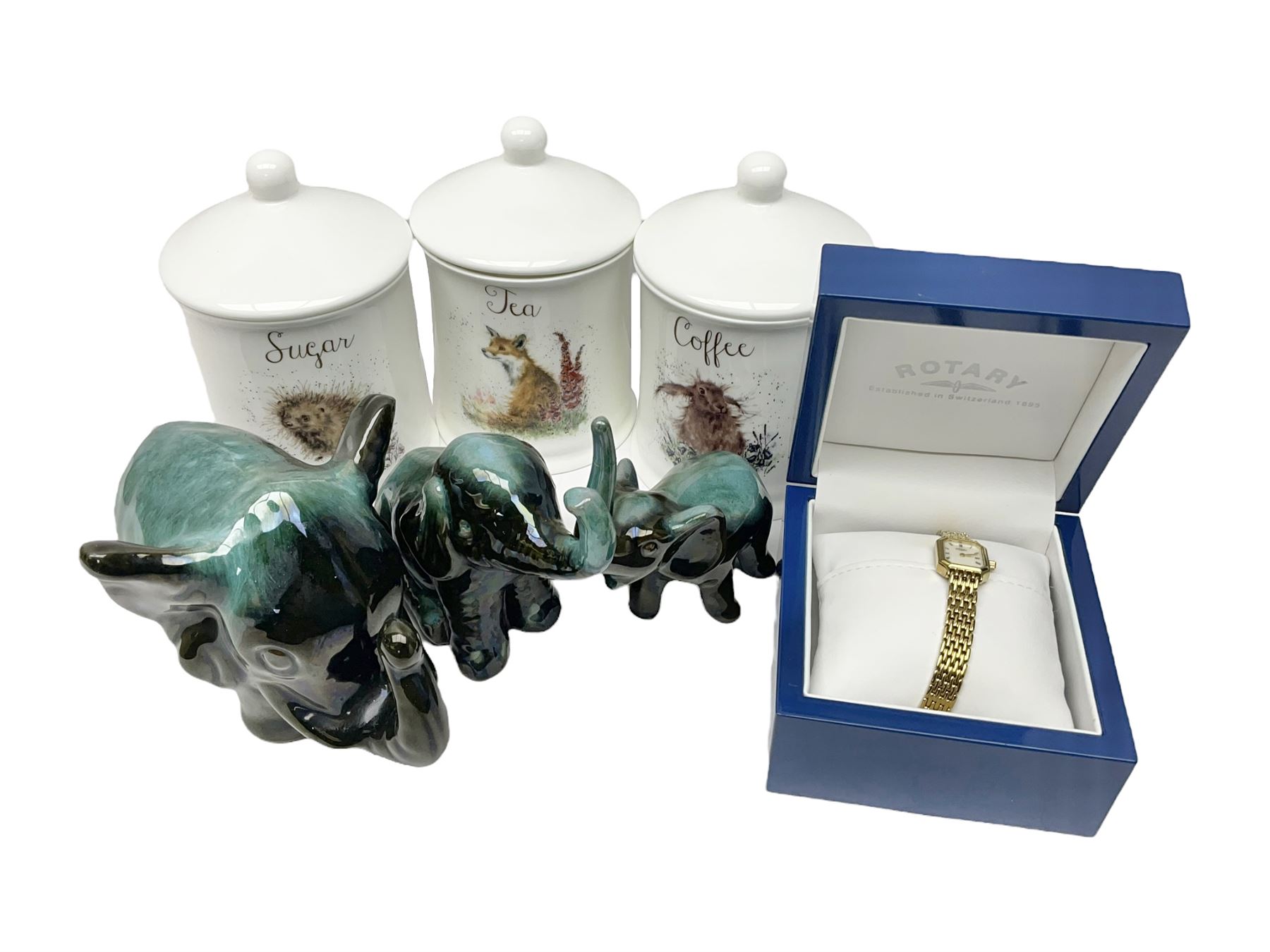 Three Canadian Blue Mountain pottery elephants, Royal Worcester Wrendale designs tea, coffee, and sugar pots and a boxed Rotary watch