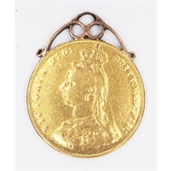  1887 gold sovereign on pendant mount approx 7.7gm   