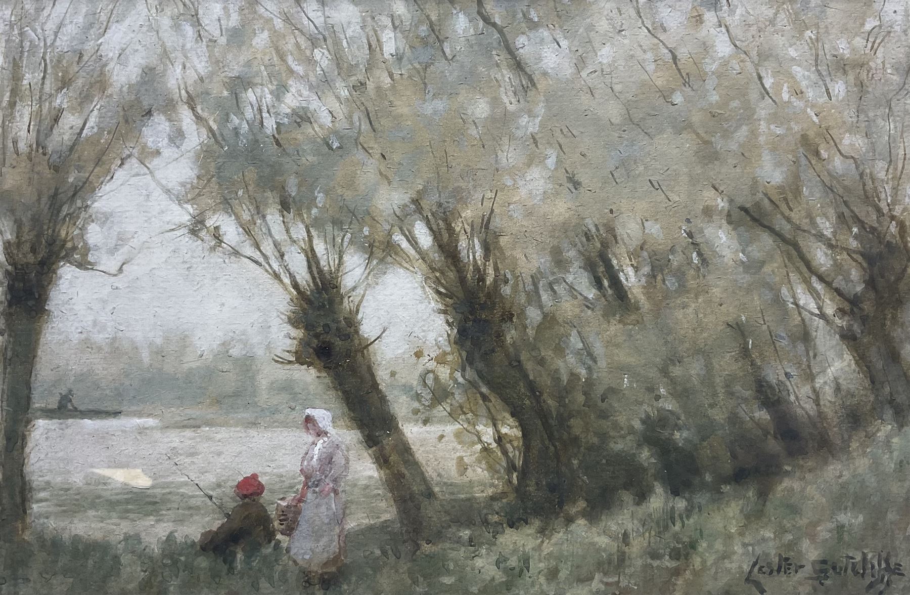 Lester Sutcliffe (British 1848-1933): Fly Fisherman and Wife by the River, watercolour signed 21cm x 33cm