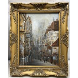H V G Wallis (British 20th Century): The Great Clock - Rouen, watercolour signed; Continental School (Early 20th Century): View of Street and Cathedral, oil on board indistinctly signed, both housed in swept gilt frames max 29cm x 22cm (2)