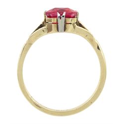 9ct gold single stone emerald cut red-orange sapphire ring, with forked shoulders