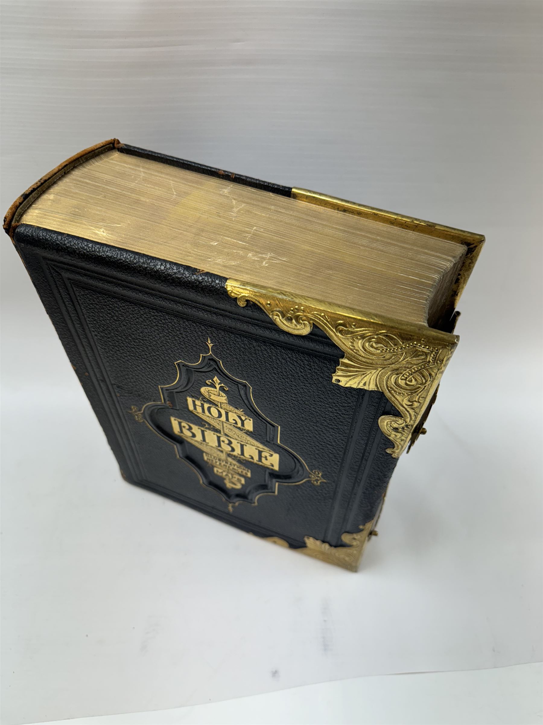 19th century family bible, brass bound with two clasps