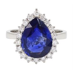 18ct white gold pear cut sapphire and round brilliant cut diamond cluster ring, hallmarked...