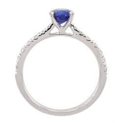 18ct white gold oval cut Ceylon sapphire ring, with diamond set shoulders, sapphire approx 0.90 carat