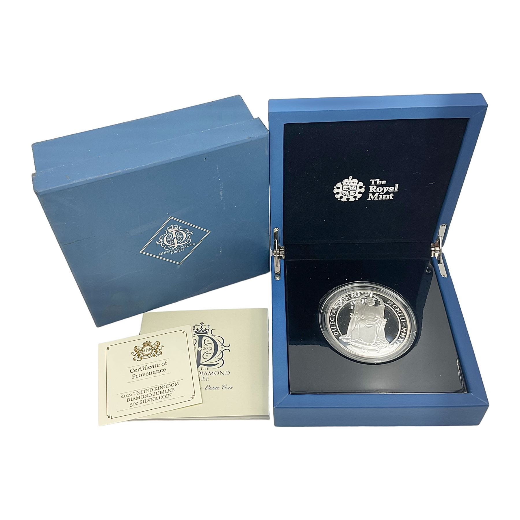 The Royal Mint United Kingdom 2012 'The Queen's Diamond Jubilee' fine silver proof five ounce ten pounds coin, numbered 607 of a limited mintage of 1952, cased with certificate