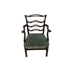 Set of twelve (10+2) Chippendale revival stained beech dining chairs, pierced waived ladder backs with over-stuffed over seats, on square moulded supports joined by stretchers