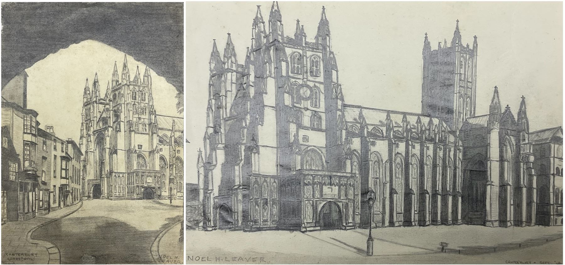 Noel Harry Leaver (British 1889-1951): 'Canterbury Cathedral', two pencil drawings signed and titled, one dated Sep '46, 18cm x 26cm (2) (unframed)