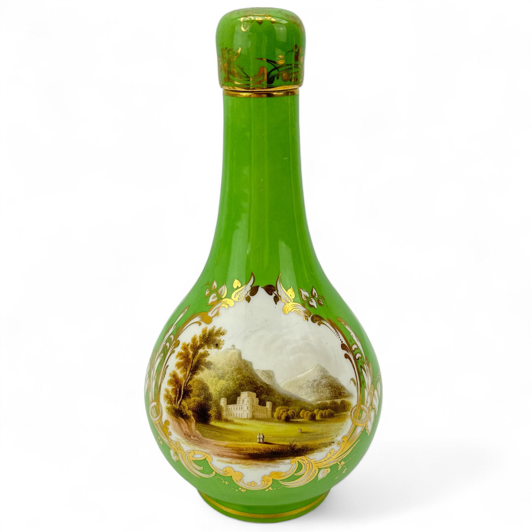 19th century bottle vase and associated cover, the body hand painted with a view of Inveraray Castle, against a green ground, H24cm, pair of green ground spill vases, with floral encrusted banding, H10cm, together with a pair of green ground candlesticks, probably Coalport (5)