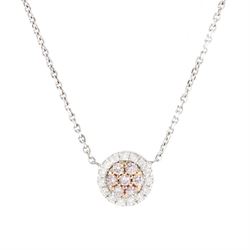 18ct white gold round brilliant cut fancy pink and white diamond cluster pendant necklace, hallmarked