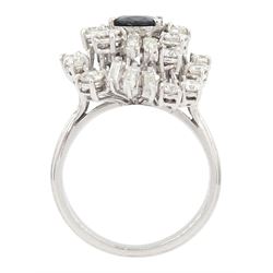 18ct white gold oval cut sapphire, baguette cut and round brilliant cut diamond cluster ring, sapphire approx 1.70 carat, total diamond weight approx 1.90 carat