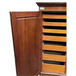 Edwardian inlaid mahogany double wardrobe, panelled doors enclosing sliding trays and hanging rail, fitted with single drawer to base