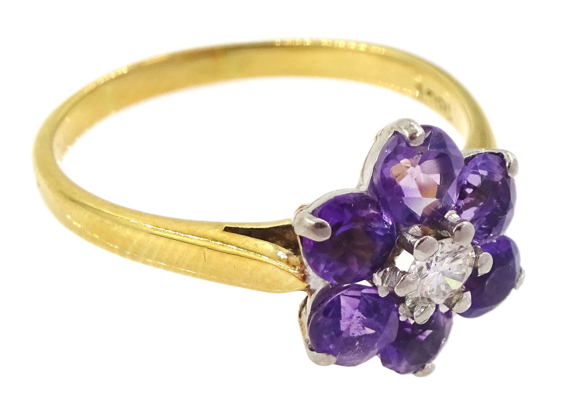 Gold round cut amethyst and round brilliant cut diamond flower head cluster ring, stamped 18ct