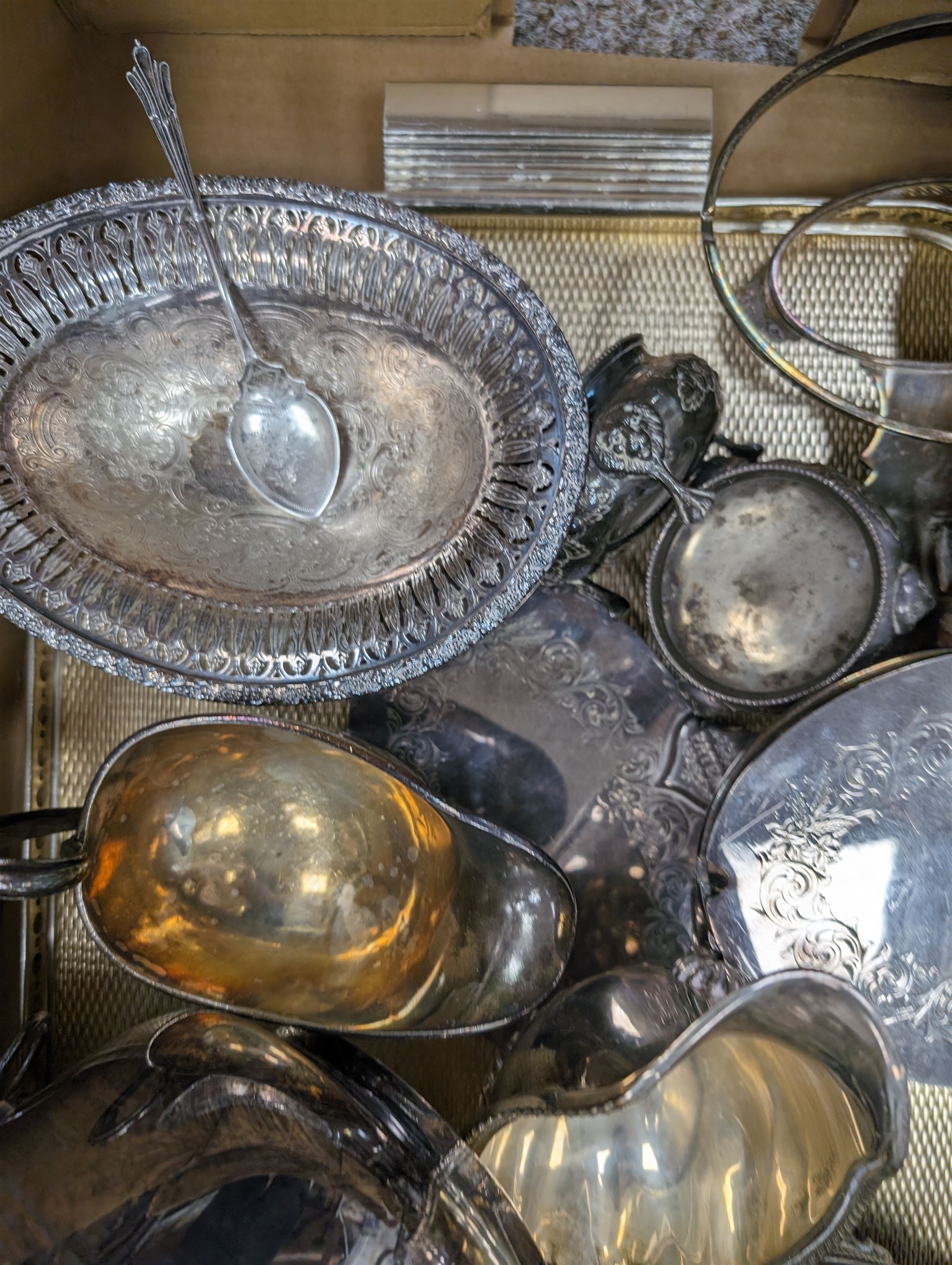 Silver spoon, hallmarked and a collection of silver plate, including tray, cut glass cruet set, Vogel ice bucket, etc