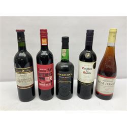 Mixed alcohol, including Cockburn's special reserve port, Casillero del Diablo Merlot, etc