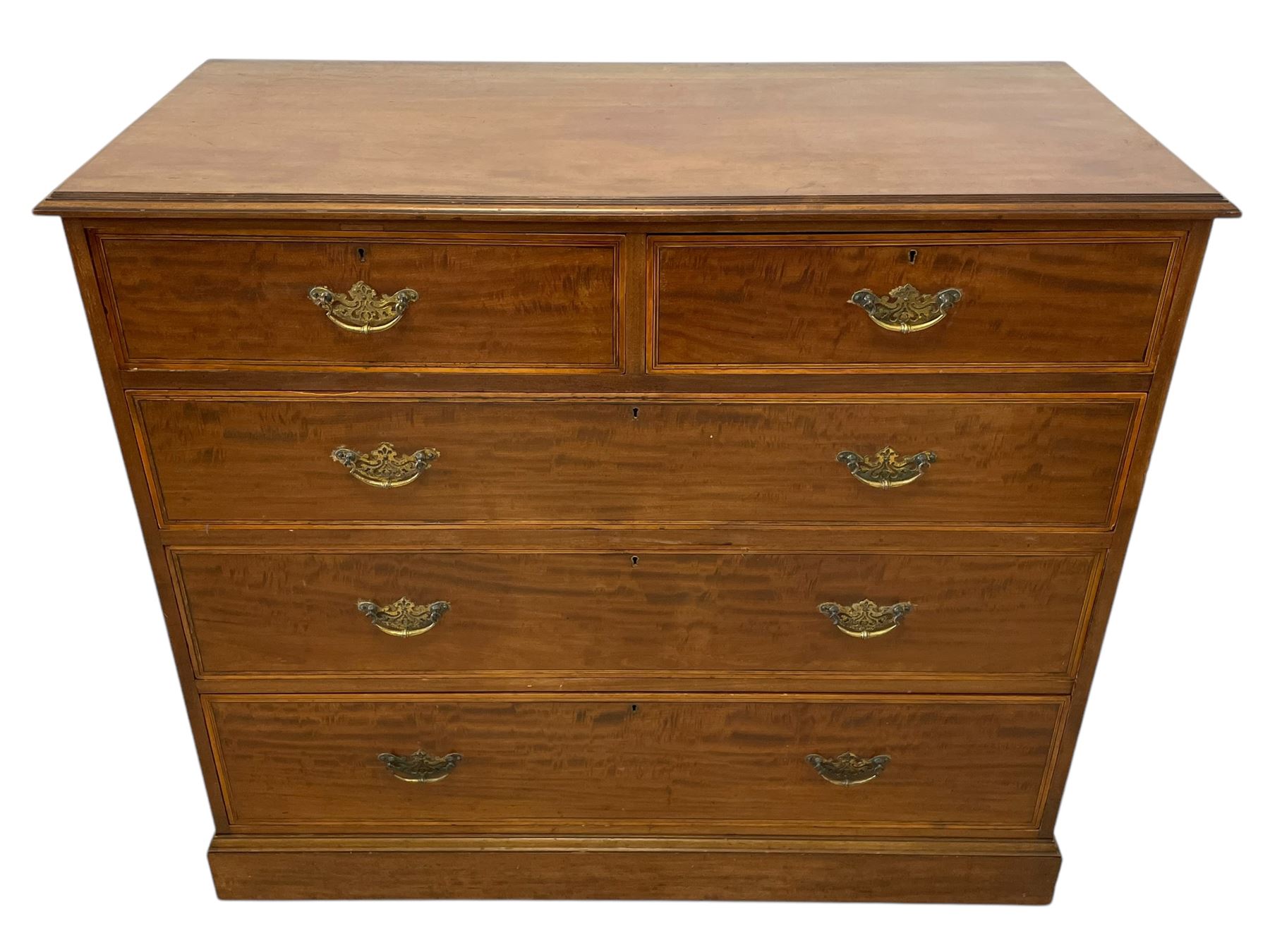 Late Victorian mahogany chest, moulded rectangular top over two short and three long graduating drawers, the drawer fronts inlaid with satinwood bands, boxwood and ebony stringing, on moulded plinth base 