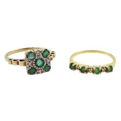 9ct gold emerald and diamond square panel ring and an 18ct gold seven stone emerald and diamond ring