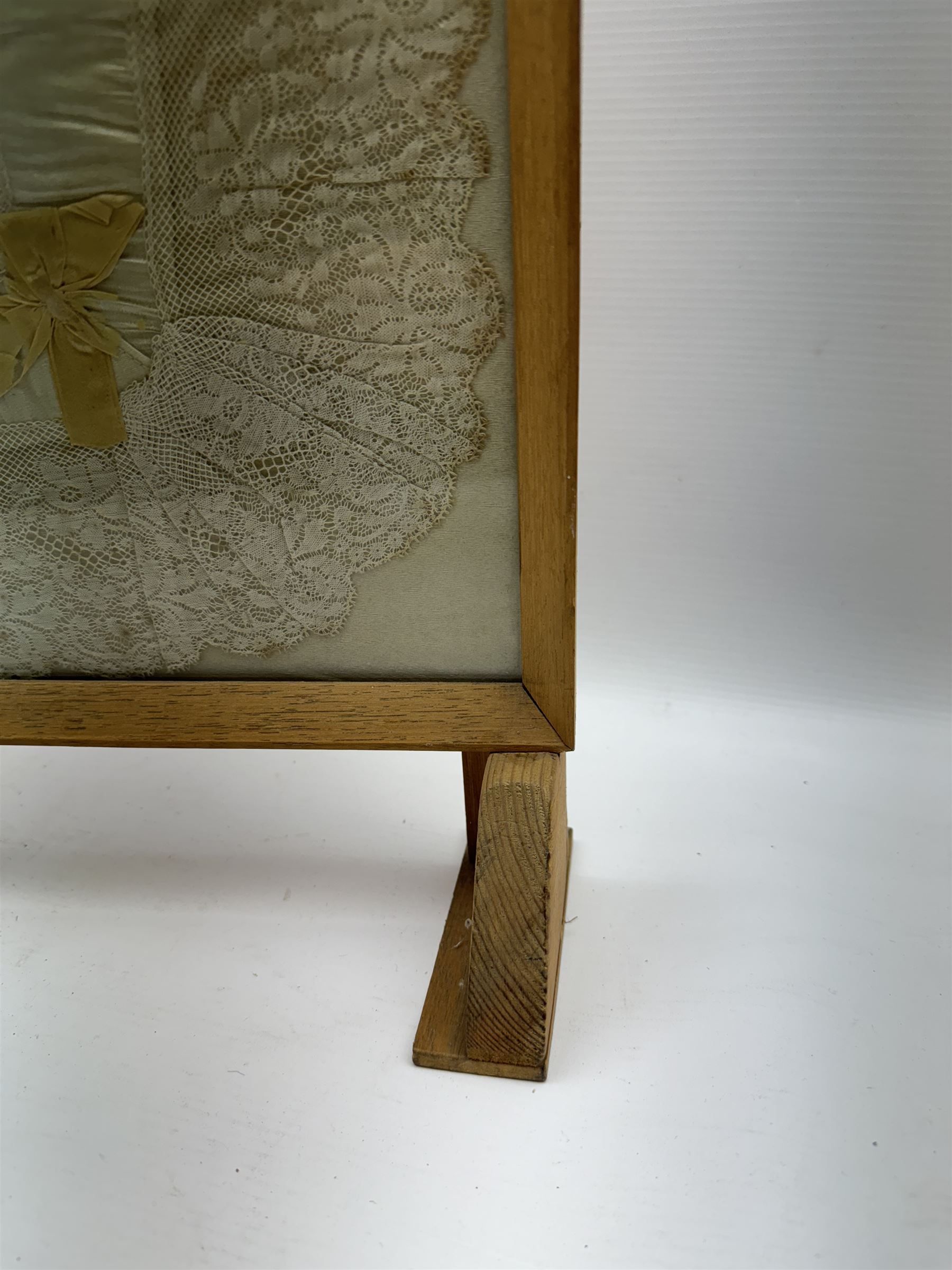 Framed WWI hand painted silk serviette with lace edges, painted with a building 'Arras' H60cm