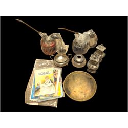 Silver topped glass jar, hallmarked, silver plated cruets, postcards and two oil cans