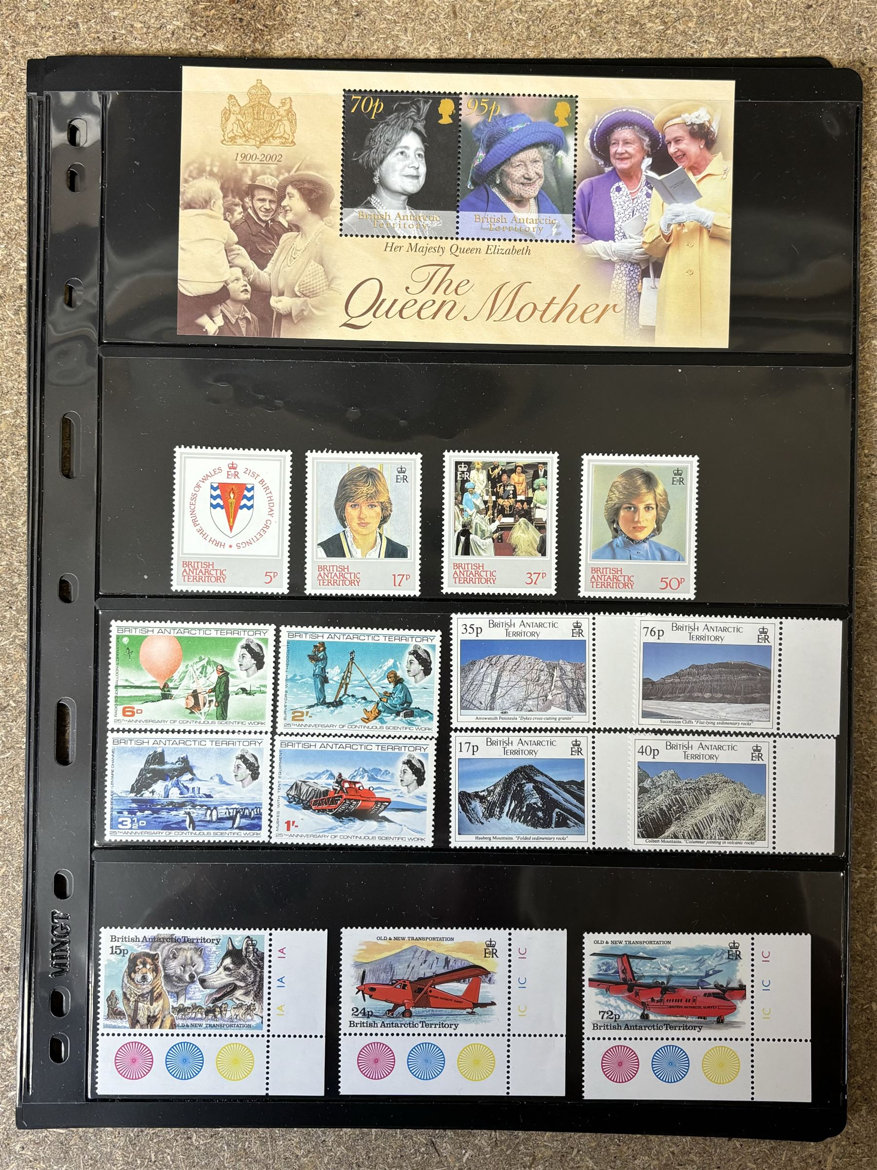 Queen Elizabeth II British Antarctic Territory mint stamps, including 1963-1969 SG 1 to 15a from half penny to both one pound values, 1993 SG 218-229 etc and a small number of Australian Antarctic Territory stamps, housed on stock pages