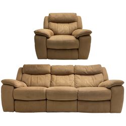 Electric reclining three-seat sofa (W213cm, H100cm) and matching armchair (W109cm) upholstered in brown fabric