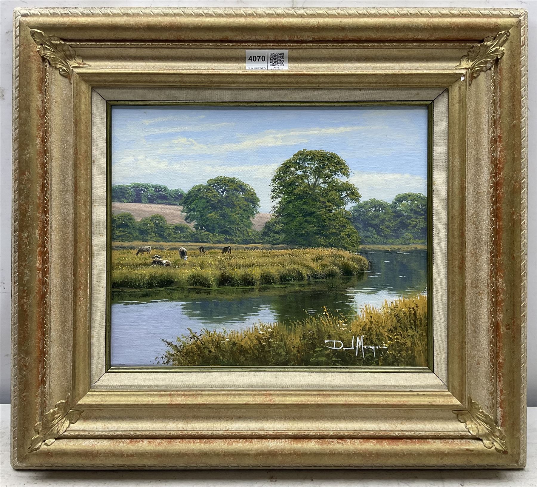 David Morgan (British 1964-): Cattle Grazing on the Riverside, oil on canvas signed 24cm x 30cm