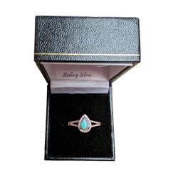 Rose gold on silver pear shaped opal and cubic zirconia ring, stamped 925, boxed