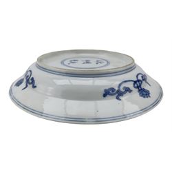 Chinese porcelain dish, Kangxi period, decorated with three shou characters divided by flowers, ribbon tied cash and swastikas, the border with flowerheads in roudels, six character Chenghua mark beneath, D16.5cm 