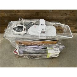 Four pallets of domestic goods to include, cleaning equipment, vacuums, exercise equipment, cooking items, Brother printer, garden loungers, irons and more… approx. 60 items