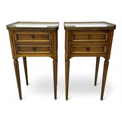 Pair of French design mahogany and marble bedside lamp tables, rectangular white marble top with raised brass gallery, fitted with two drawers, sunken facias with applied brass edging, panelled sides, on turned and fluted tapering supports 