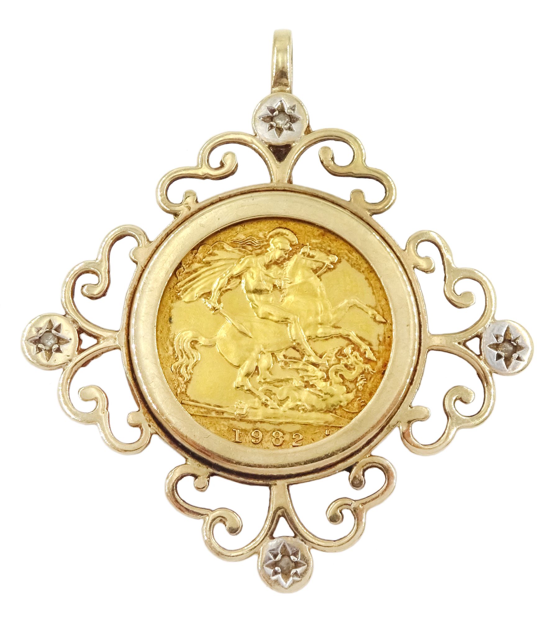 Queen Elizabeth II 1982 gold half sovereign coin, loose mounted in 9ct gold diamond pendant, hallmarked