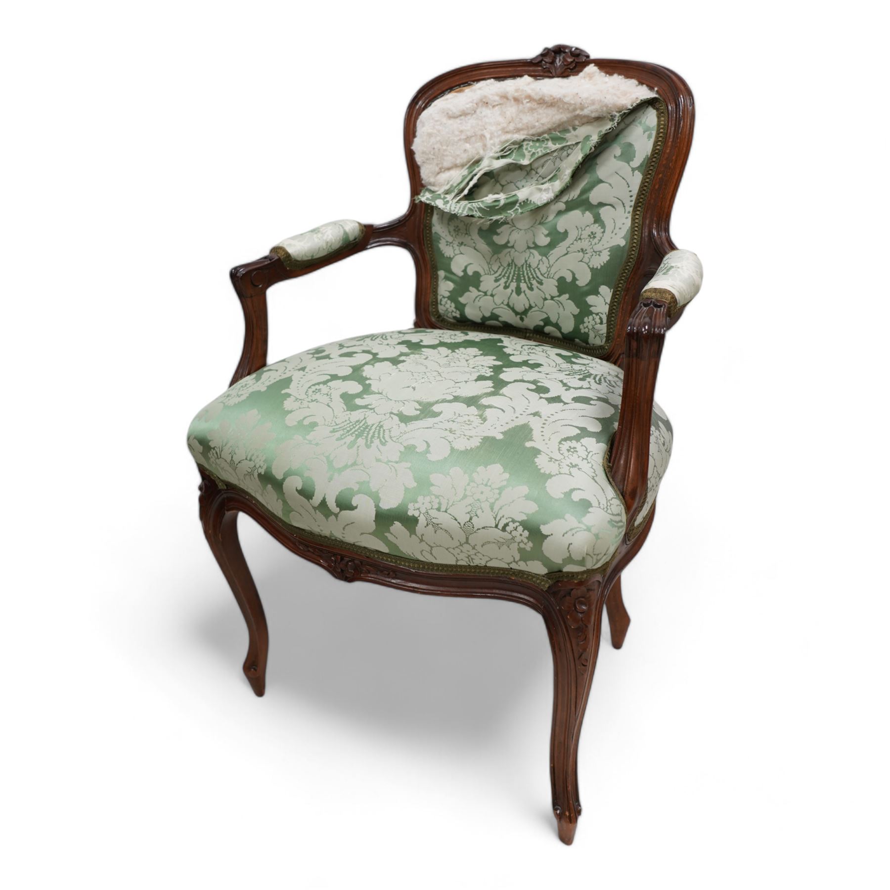 19th century gilt hardwood and wrought metal-framed nursing chair, shaped cresting and upholstered in buttoned fabric, on cabriole feet (W56cm, H74cm); 20th century stained beech French design fauteuil armchair, upholstered in green floral pattern silk fabric, on cabriole supports (W57cm, H87cm) (2)