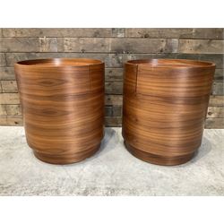 Pair of walnut circular barrel shaped lamp tables, fitted with single drawer