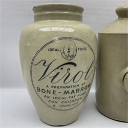 Virol bone marrow stoneware jar, two stoneware hot water bottles and a collection of small apothecary bottles to include amber and green glass examples, some with stoppers and labels, jar H24cm