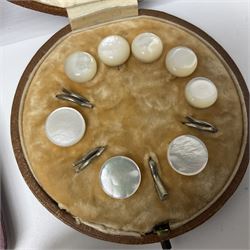 Three cased sets of dress buttons, studs or cufflinks, hallmarked silver teaspoon, pair of small glass jars with silver lids and a 'Gilbert Stuart' medallion
