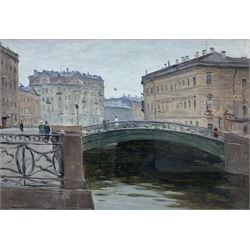 Michael (Mikhail) Nicolayevich Sokolov (Russian 1931-): 'Bridge on the River Fontanka - Leningrad', oil on board unsigned, titled and dated 1976 on exhibition label verso 23cm x 33cm
Provenance: with Roy Miles Gallery, 29 Bruton Street, London; the artist's Studio, Moscow Stock No. 2099