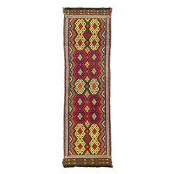 Flatweave geometric design rug, decorated with trailing hooked medallions within zig-zag b...