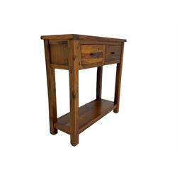 Hardwood side or hall table, rectangular top over two drawers, on square supports joined by undertier 