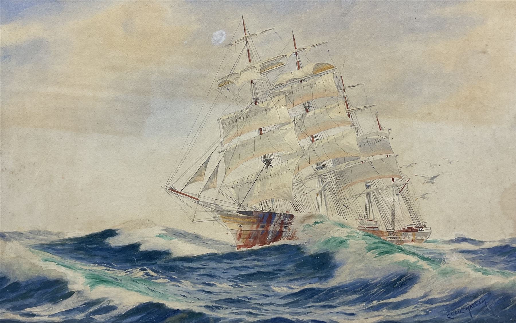 Cecil Hallam (British 20th Century): ‘Naomi’ Schooner, watercolour signed, titled verso 30cm x 48cm 