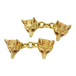 Pair of 9ct gold gold fox head cufflinks, set with ruby eyes, London 1967