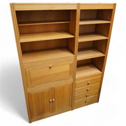 Treske - oak wall display unit, fitted with glazed doors, fall front compartment, double cupboard, open shelves and drawers