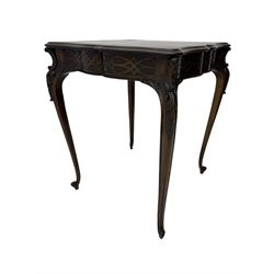 Early 20th century mahogany centre table, shaped moulded top over shaped frieze rails decorated with blind fretwork, on C-scroll and acanthus leaf carved cabriole supports with scrolled terminals 