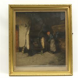 Emanuël Samson van Beever (Dutch 1876-1912): Interior Scene with Woman Tending to Fire, etching with aquatint signed in pencil and blind stamped, 36cm x 32cm 