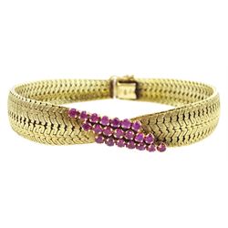 14ct gold three row round cut ruby bracelet, Birmingham import mark 1996