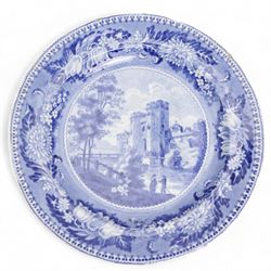 Early 19th century blue and white transfer printed plates including J & R Clews 'Wingfield Castle Suffolk', Copeland & Garrett New Blanche, Brameld 'Apple Collectors, 'Queen of Sheba', Spode 'Sarcophagi & Sepulchres', 'Ponte Rotto' and others (15)