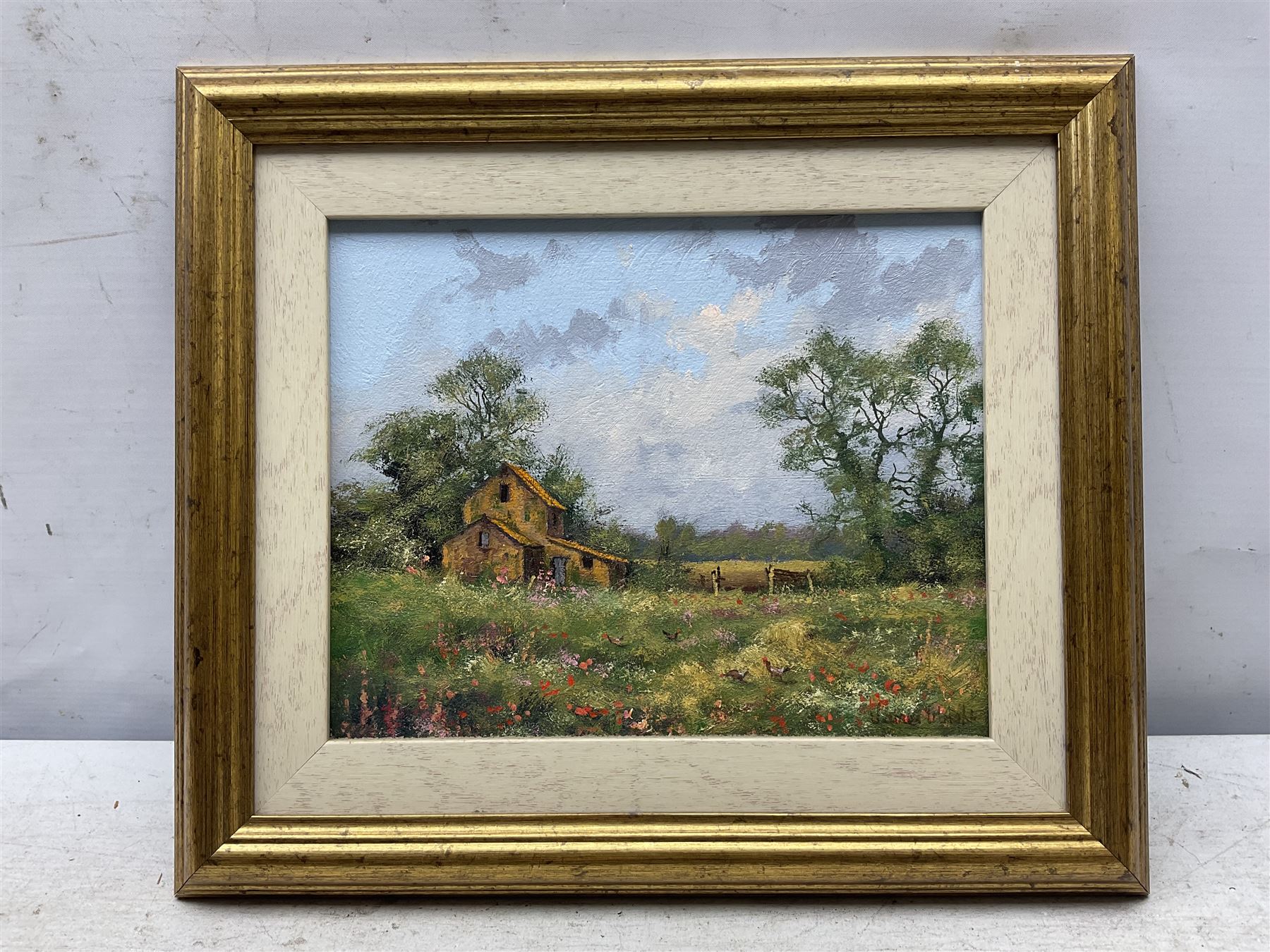 James Wright (British 1935-): 'Birch Farm' 'Ploughing Team' 'Time for Rest' 'South Mill' 'Copley Thorns' Norfolk Landscapes, set of five oils on board signed, titled on labels verso max 17cm x 27cm (5)