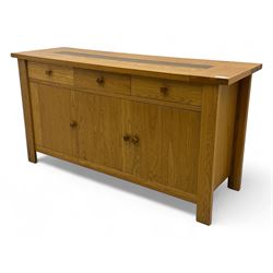 Contemporary oak sideboard, rectangular top with central contrasting plank, over three fri...